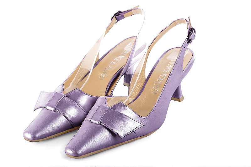 Lilac purple women's slingback shoes. Tapered toe. Medium spool heels. Front view - Florence KOOIJMAN
